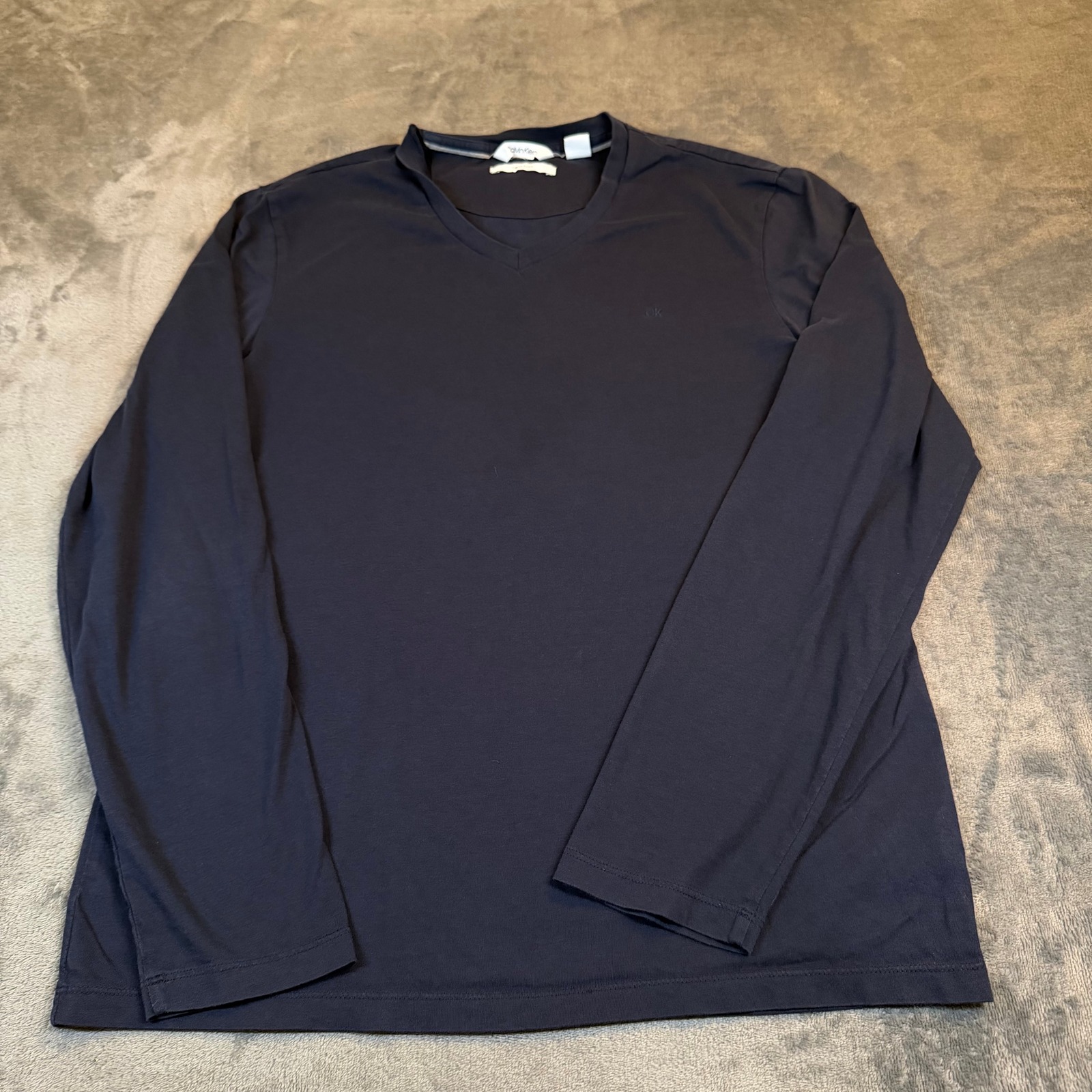 Calvin Klein Liquid Touch V Neck Shirt Mens Small Navy Blue Long Sleeve Cotton